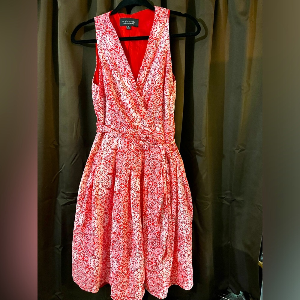 Evan Picone Black Label Red and White  Fuax Wrap Dress 8